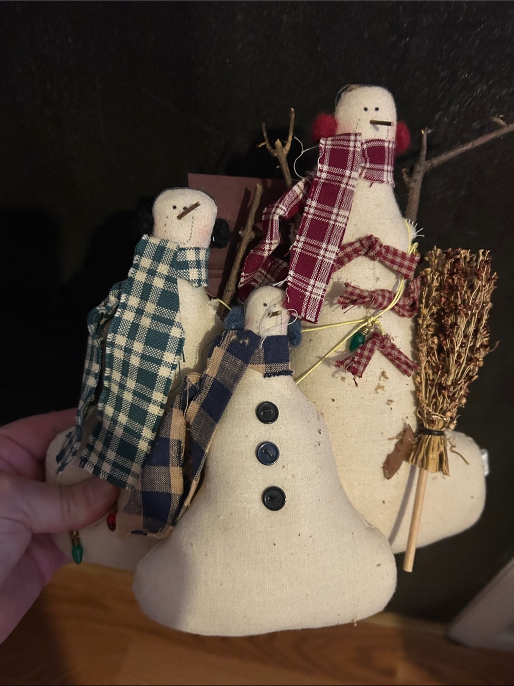 Cream Fabric Snowman Trio with Plaid Scarves - Holiday Decor